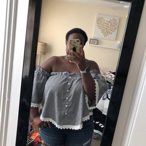 OTS Cropped Gingham Lace-Trim Top